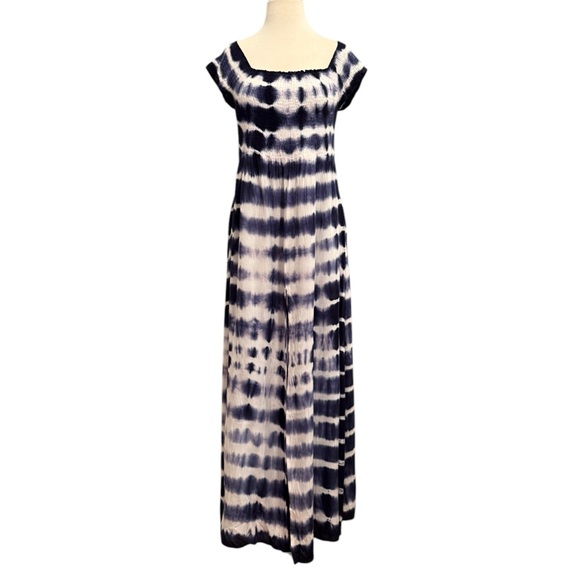 NWT Bohome Smocked Blue White Striped Tie Dye Short Sleeve Dress Coverup Medium - Picture 1 of 11